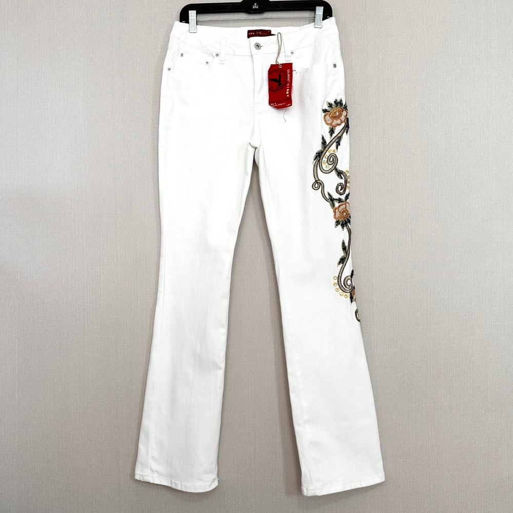 White Floral Embroidered Beaded Bootcut Stretch Denim Jeans Womens 6x32 Y2K